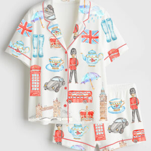 Womenâ€™s Watercolor London Art City Bus Sightseen Bridge Telephone Short Sleeve Satin Pajama Set