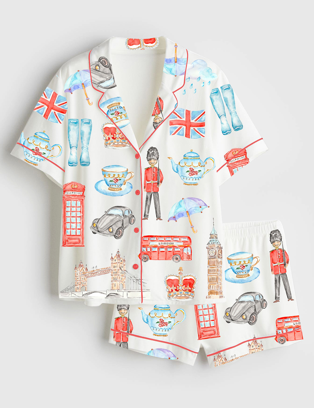 Womenâ€™s Watercolor London Art City Bus Sightseen Bridge Telephone Short Sleeve Satin Pajama Set