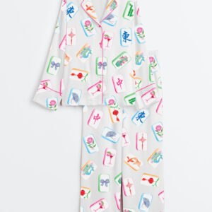 Womenâ€™s Watercolor Mahjong Chinoiserie Bird Bam Queen Long Sleeve Satin Pajama Set