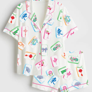 Women's Watercolor Mahjong Chinoiserie Bird Bam Queen Short Sleeve Satin Pajama Set
