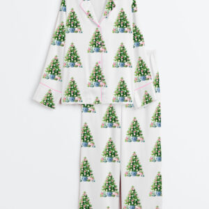 Womenâ€™s Watercolor Mahjong Merry Mahjong Christmas Chinoiserie Art Long Sleeve Satin Pajama Set