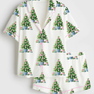 Womenâ€™s Watercolor Mahjong Merry Mahjong Christmas Chinoiserie Art Short Sleeve Satin Pajama Set