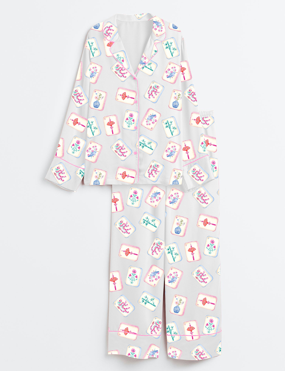 Women's Watercolor Mahjong Party Long Sleeve Satin Pajamas Set