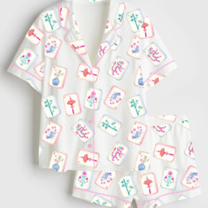 Women's Watercolor Mahjong Party Short Sleeve Satin Pajama Set