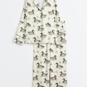 Women's Watercolor Mallard Duck Duck Hunting Long Sleeve Satin Pajamas Set