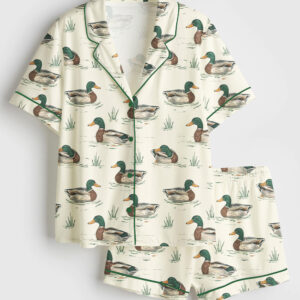 Womenâ€™s Watercolor Mallard Duck Duck Hunting Short Sleeve Satin Pajama Set