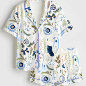 Womenâ€™s Watercolor Navy Christmas Navy Gold Royal Blue Christmas Short Sleeve Satin Pajama Set