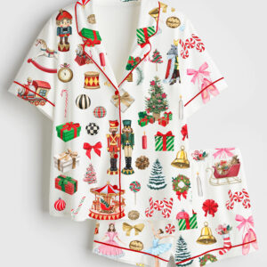 Women's Watercolor Nutcracker Christmas Ballet Mouse King Short Sleeve Satin Pajama Set