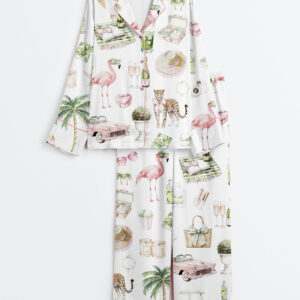 Women's Watercolor Palm Club Summer Miami Beach Vacation Print Long Sleeve Satin Pajamas Set