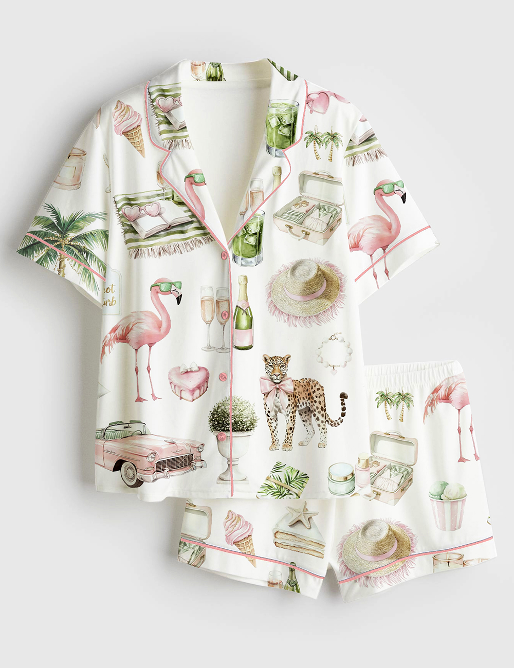 Womenâ€™s Watercolor Palm Club Summer Miami Beach Vacation Print Short Sleeve Satin Pajama Set