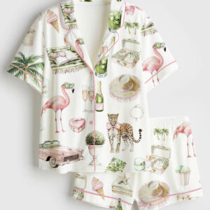 Women's Watercolor Palm Club Summer Miami Beach Vacation Print Short Sleeve Satin Pajama Set