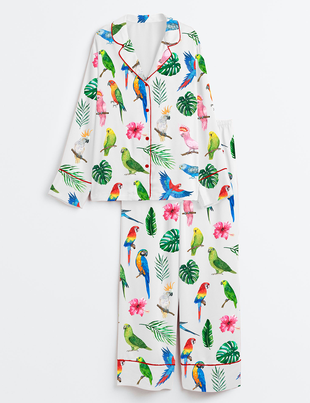 Women's Watercolor Parrots Exotic Birds Cockatoo Macaw Long Sleeve Satin Pajama Set