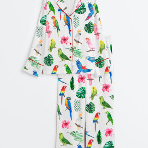 Women's Watercolor Parrots Exotic Birds Cockatoo Macaw Long Sleeve Satin Pajamas Set
