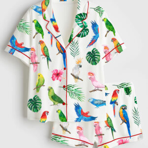 Womenâ€™s Watercolor Parrots Exotic Birds Cockatoo Macaw Short Sleeve Satin Pajama Set