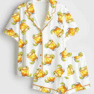 Womenâ€™s Watercolor Passion Fruit Margarita Alcohol Drink Short Sleeve Satin Pajama Set