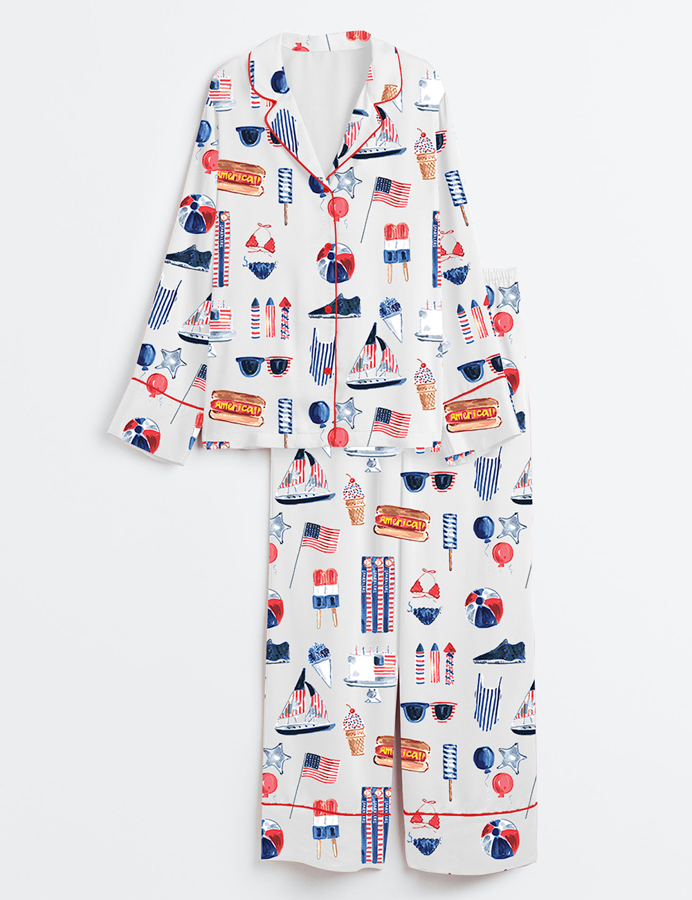 Womenâ€™s Watercolor Patriotic 4th Of July Long Sleeve Satin Pajama Set