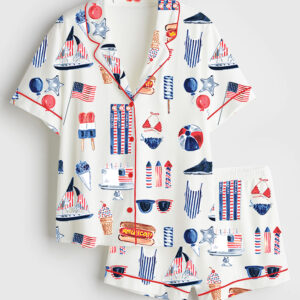 Women's Watercolor Patriotic 4th Of July Short Sleeve Satin Pajama Set