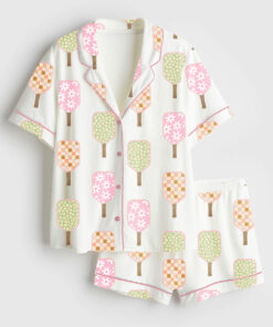 Women's Watercolor Pickleball Paddles Pickleball Social Club Print Short Sleeve Satin Pajama Set