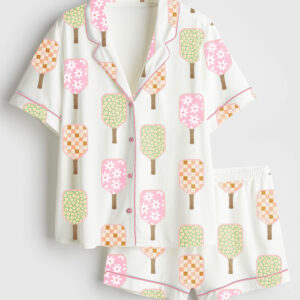 Womenâ€™s Watercolor Pickleball Paddles Pickleball Social Club Print Short Sleeve Satin Pajama Set