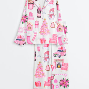 Womenâ€™s Watercolor Pink Christmas Truck Tree Long Sleeve Satin Pajama Set