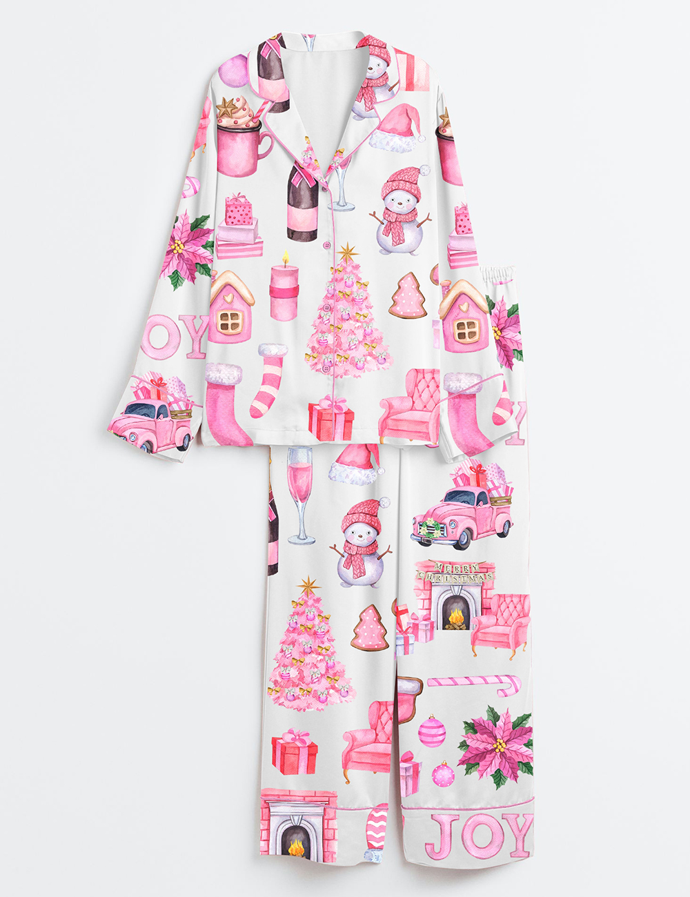 Womenâ€™s Watercolor Pink Christmas Truck Tree Long Sleeve Satin Pajama Set