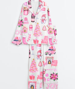 Women's Watercolor Pink Christmas Truck Tree Long Sleeve Satin Pajamas Set