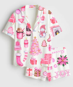 Women's Watercolor Pink Christmas Truck Tree Short Sleeve Satin Pajama Set