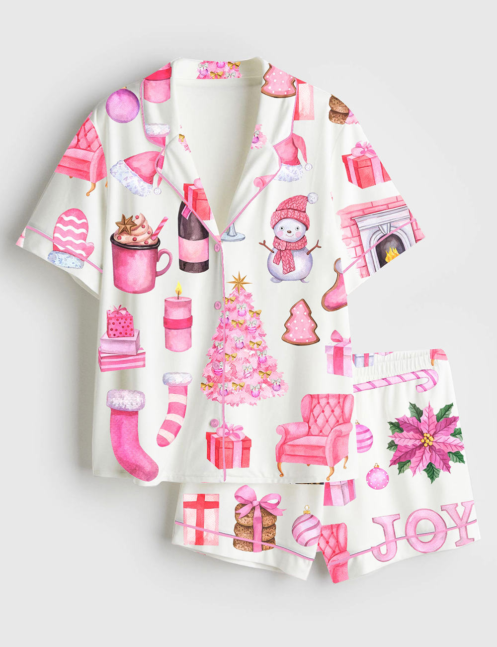 Womenâ€™s Watercolor Pink Christmas Truck Tree Short Sleeve Satin Pajama Set