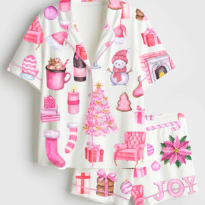 Women's Watercolor Pink Christmas Truck Tree Short Sleeve Satin Pajama Set