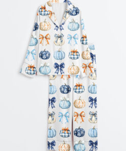 Women's Watercolor Pumpkins And Bows Clipart Blue Toile Pumpkins Fall Gingham Pumpkins Long Sleeve Satin Pajama Set