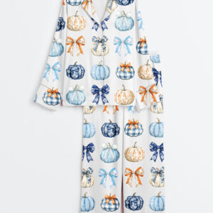 Womenâ€™s Watercolor Pumpkins And Bows Clipart Blue Toile Pumpkins Fall Gingham Pumpkins Long Sleeve Satin Pajama Set