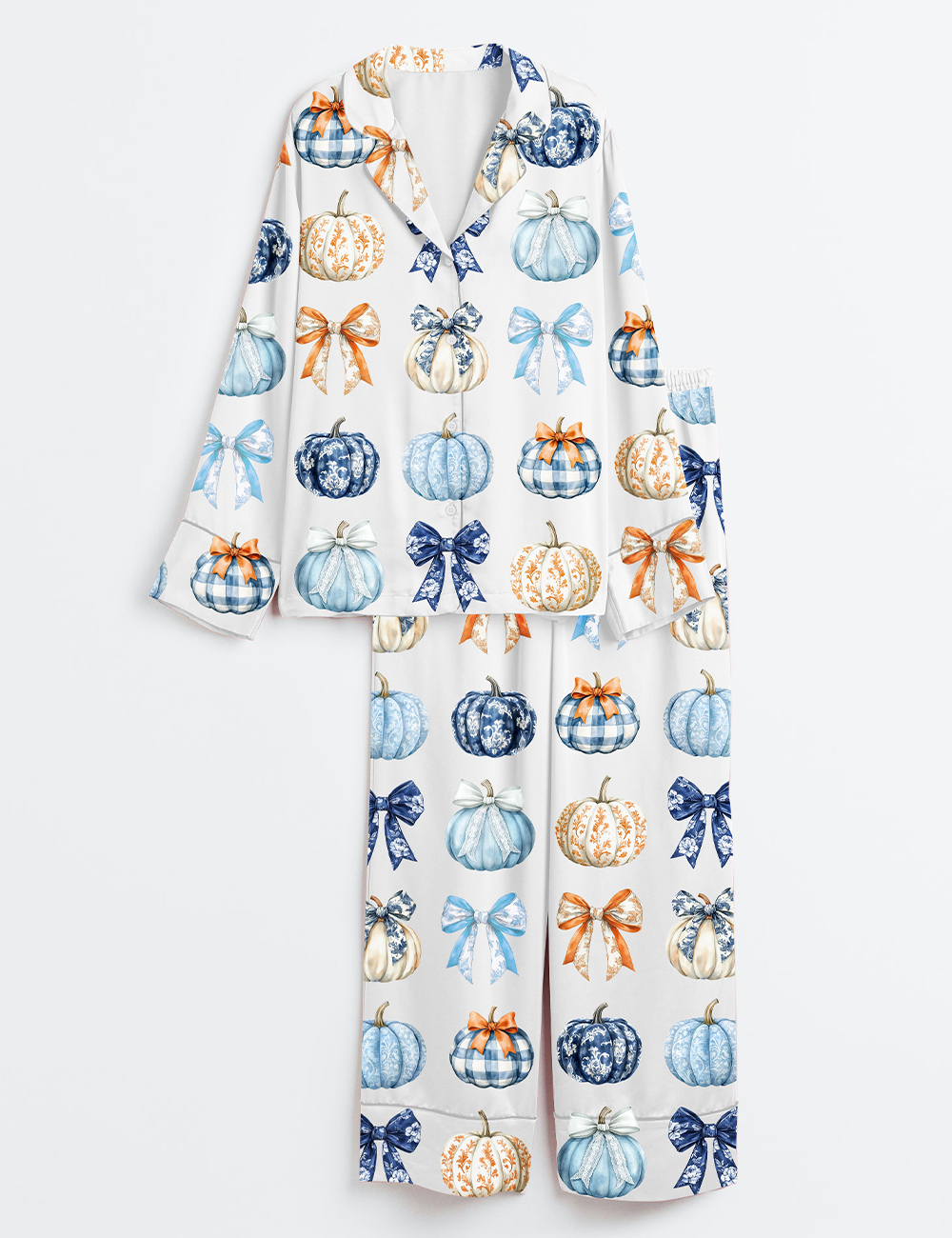Womenâ€™s Watercolor Pumpkins And Bows Clipart Blue Toile Pumpkins Fall Gingham Pumpkins Long Sleeve Satin Pajama Set