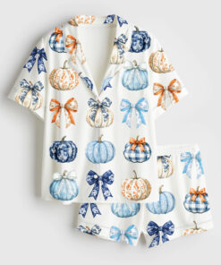 Women's Watercolor Pumpkins And Bows Clipart Blue Toile Pumpkins Fall Gingham Pumpkins Short Sleeve Satin Pajama Set