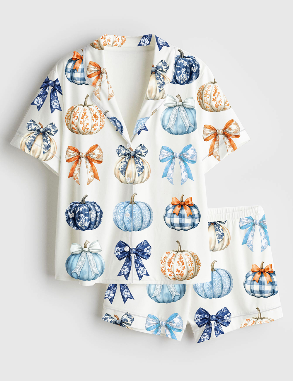 Womenâ€™s Watercolor Pumpkins And Bows Clipart Blue Toile Pumpkins Fall Gingham Pumpkins Short Sleeve Satin Pajama Set