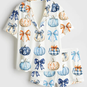 Women's Watercolor Pumpkins And Bows Clipart Blue Toile Pumpkins Fall Gingham Pumpkins Short Sleeve Satin Pajama Set