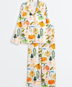 Women's Watercolor Pumpkins Fall Season Fall Leaves Girl Pumpkin Spice Autumn Pumpkin Halloween Long Sleeve Satin Pajama Set