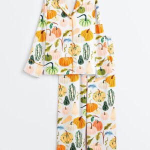 Womenâ€™s Watercolor Pumpkins Fall Season Fall Leaves Girl Pumpkin Spice Autumn Pumpkin Halloween Long Sleeve Satin Pajama Set