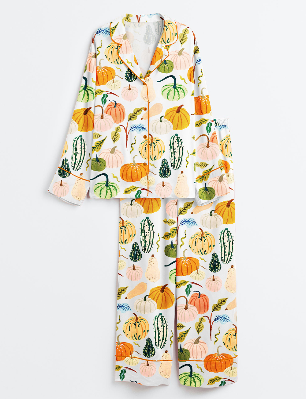 Womenâ€™s Watercolor Pumpkins Fall Season Fall Leaves Girl Pumpkin Spice Autumn Pumpkin Halloween Long Sleeve Satin Pajama Set