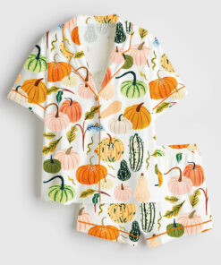 Women's Watercolor Pumpkins Fall Season Fall Leaves Girl Pumpkin Spice Autumn Pumpkin Halloween Short Sleeve Satin Pajama Set