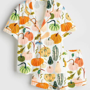 Womenâ€™s Watercolor Pumpkins Fall Season Fall Leaves Girl Pumpkin Spice Autumn Pumpkin Halloween Short Sleeve Satin Pajama Set