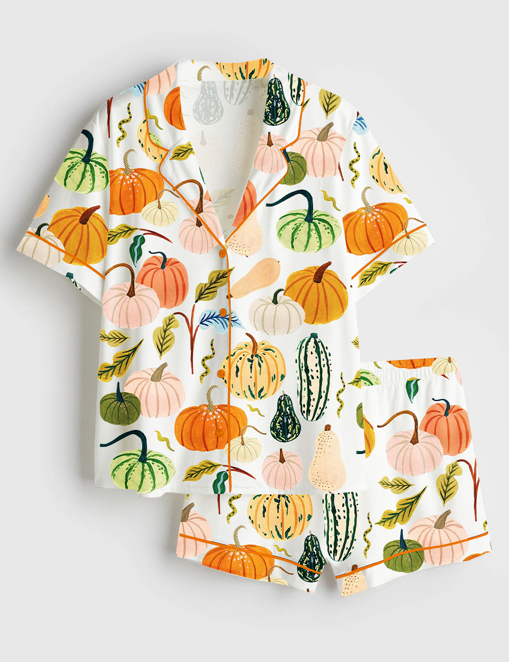 Womenâ€™s Watercolor Pumpkins Fall Season Fall Leaves Girl Pumpkin Spice Autumn Pumpkin Halloween Short Sleeve Satin Pajama Set