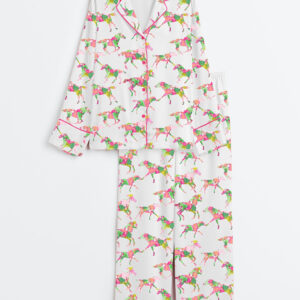 Women's Watercolor Rose Derby Day Western Long Sleeve Satin Pajamas Set