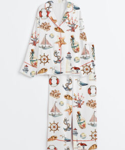 Women's Watercolor Sea Illustrations Long Sleeve Satin Pajama Set