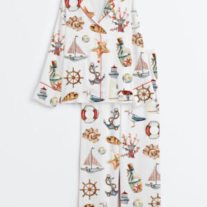 Womenâ€™s Watercolor Sea Illustrations Long Sleeve Satin Pajama Set