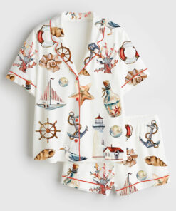 Women's Watercolor Sea Illustrations Short Sleeve Satin Pajama Set