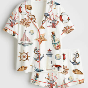 Womenâ€™s Watercolor Sea Illustrations Short Sleeve Satin Pajama Set