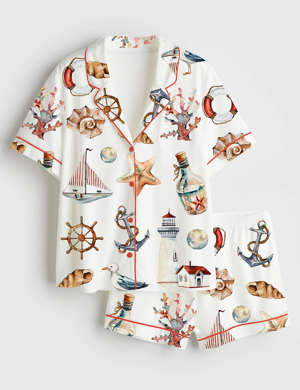 Womenâ€™s Watercolor Sea Illustrations Short Sleeve Satin Pajama Set