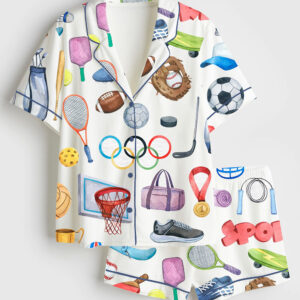 Women's Watercolor Sports Basketball Football Golf Short Sleeve Satin Pajama Set