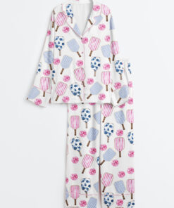Women's Watercolor Stripes Pink And Blue Pickleball Paddle And Ball Long Sleeve Satin Pajama Set