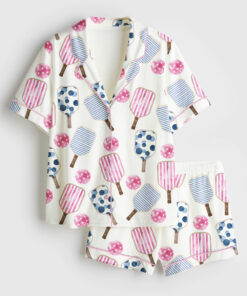 Women's Watercolor Stripes Pink And Blue Pickleball Paddle And Ball Short Sleeve Satin Pajama Set